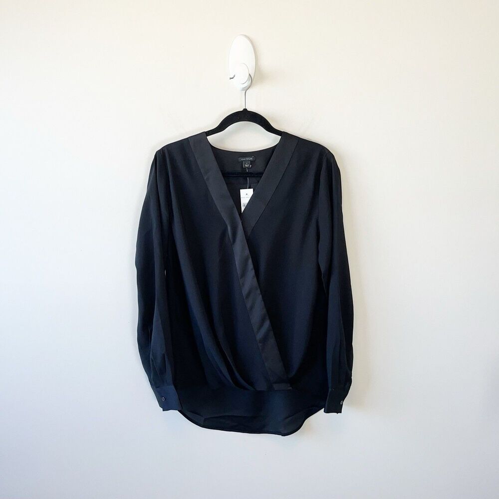 Ann Taylor Faux Wrap Chiffon Longsleeve Black Blouse Career Size Small NWT's